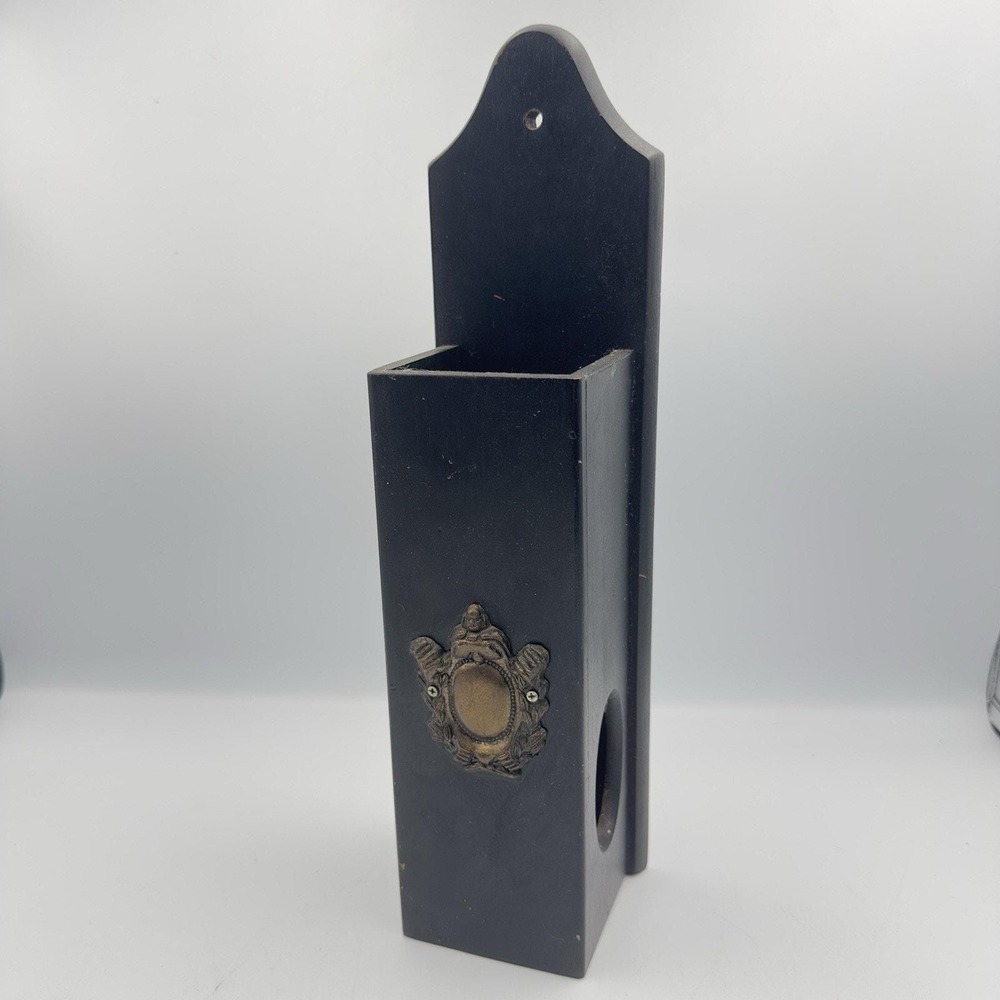 Vintage Long Matchstick Holder Brass Embellished Wall Mounted Black Fireplace